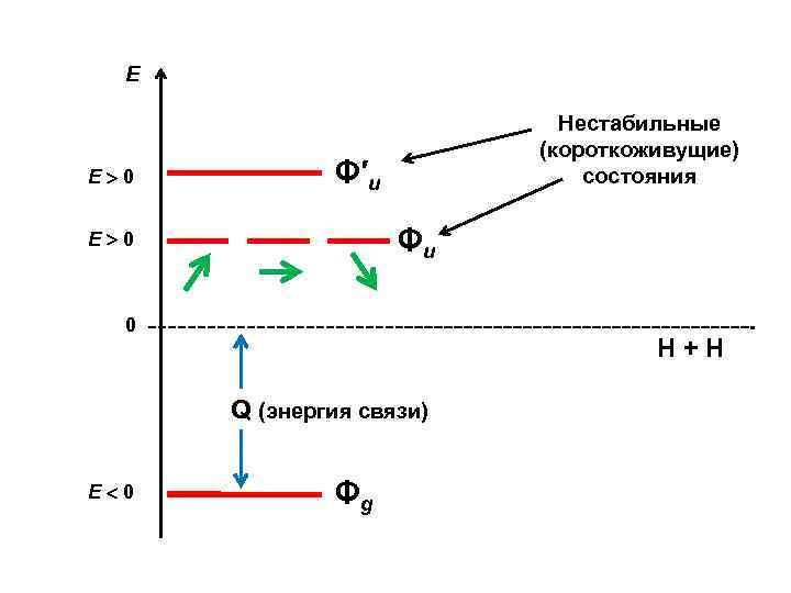Е Е 0 Нестабильные (короткоживущие) состояния Φ′u Φu Е 0 0 H+H Q (энергия