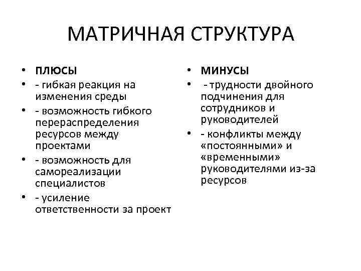МАТРИЧНАЯ СТРУКТУРА • ПЛЮСЫ • - гибкая реакция на изменения среды • - возможность