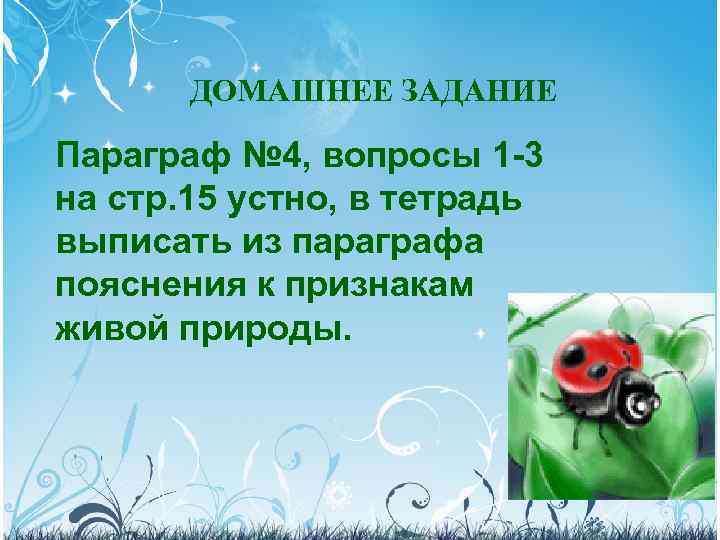 ДОМАШНЕЕ ЗАДАНИЕ Параграф № 4, вопросы 1 -3 на стр. 15 устно, в тетрадь