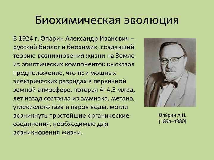 Биохимическая эволюция В 1924 г. Опа рин Александр Иванович – русский биолог и биохимик,