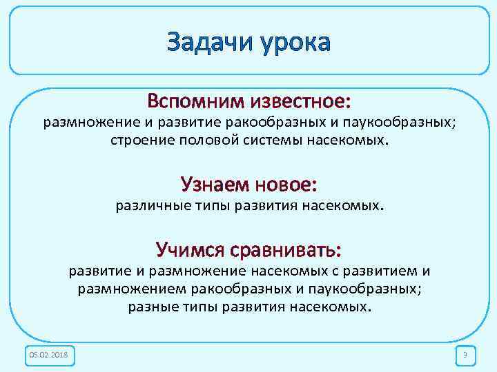 Задачи урока Вспомним известное: размножение и развитие ракообразных и паукообразных; строение половой системы насекомых.