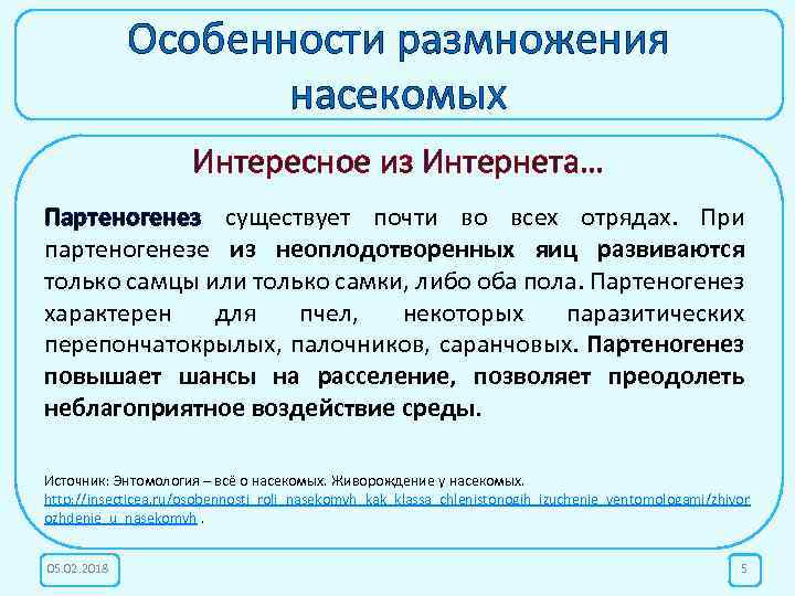 Особенности размножения насекомых Интересное из Интернета… Партеногенез существует почти во кокцид, жуков При Живорождение