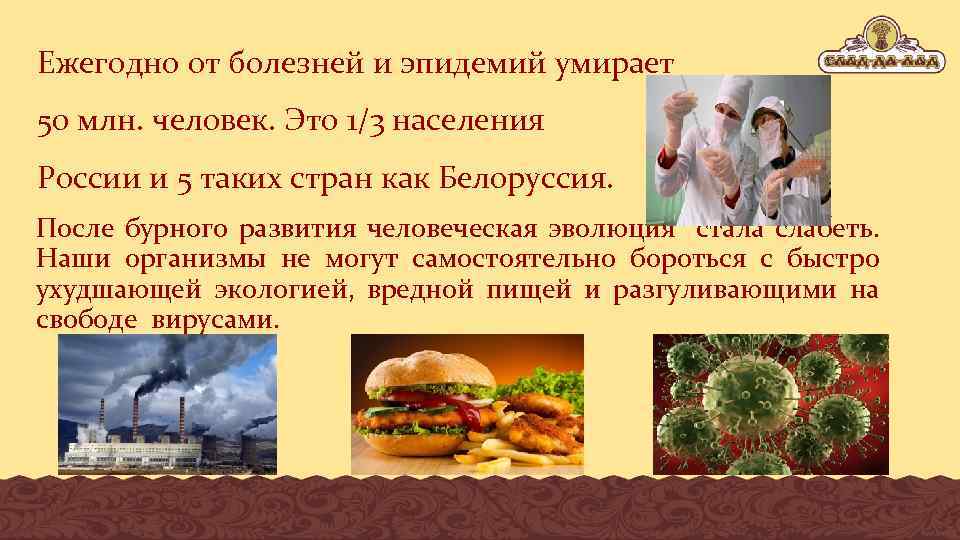 Ежегодно от болезней и эпидемий умирает 50 млн. человек. Это 1/3 населения России и