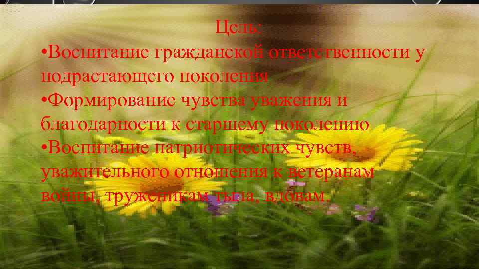 Цель: • Воспитание гражданской ответственности у подрастающего поколения • Формирование чувства уважения и благодарности