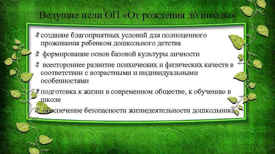 Ведущие цели ОП «От рождения до школы» создание благоприятных условий для полноценного проживания ребенком