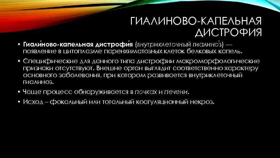 ГИАЛИНОВО-КАПЕЛЬНАЯ ДИСТРОФИЯ • Гиали ново-капельная дистрофи я (внутриклеточный гиалино з) — появление в цитоплазме