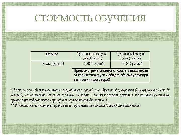 СТОИМОСТЬ ОБУЧЕНИЯ 