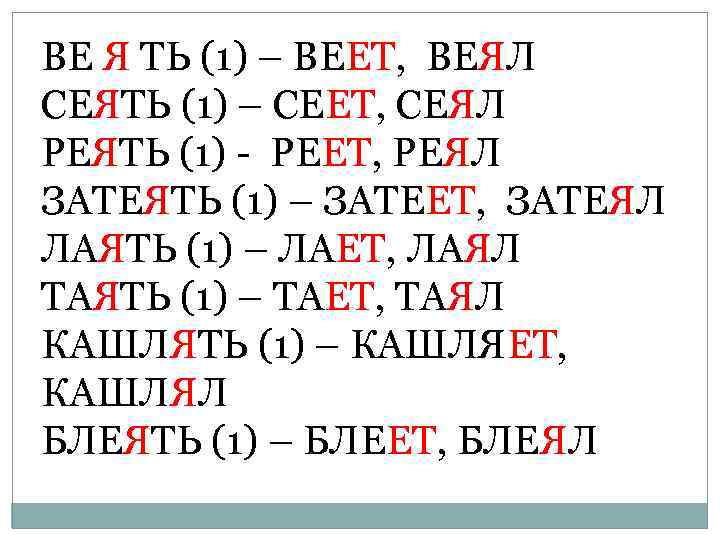 ВЕ Я ТЬ (1) – ВЕЕТ, ВЕЯЛ СЕЯТЬ (1) – СЕЕТ, СЕЯЛ РЕЯТЬ (1)