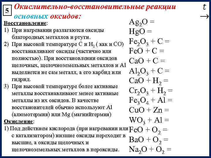 Окислительно-восстановительные реакции основных оксидов: Ag 2 O = Восстановление: 1) При нагревании разлагаются оксиды