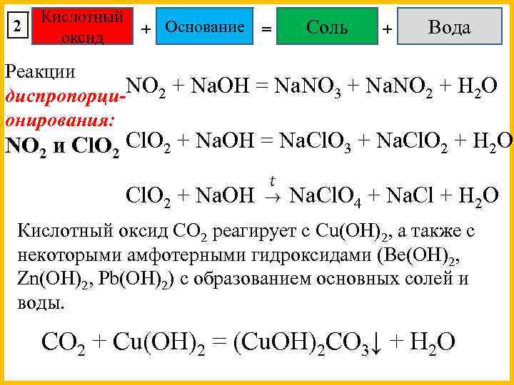 2 Кислотный + Основание оксид = Соль + Вода Реакции диспропорци-NO 2 + Na.