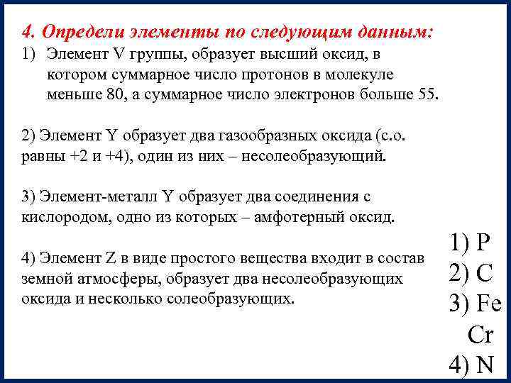 4. Определи элементы по следующим данным: 1) Элемент V группы, образует высший оксид, в