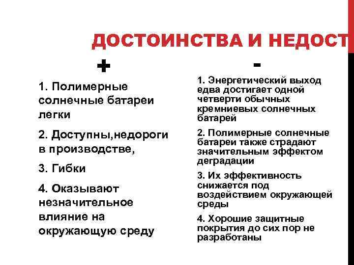 ДОСТОИНСТВА И НЕДОСТА + - 1. Полимерные солнечные батареи легки 1. Энергетический выход едва