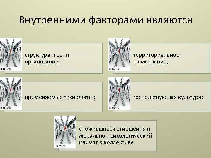 Внутренними факторами являются структура и цели организации; территориальное размещение; применяемые технологии; господствующая культура; сложившиеся
