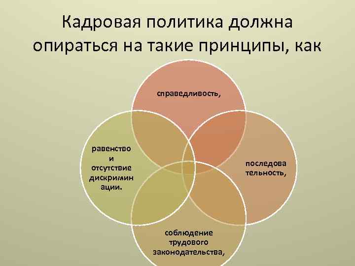 Кадровая политика должна опираться на такие принципы, как справедливость, равенство и отсутствие дискримин ации.