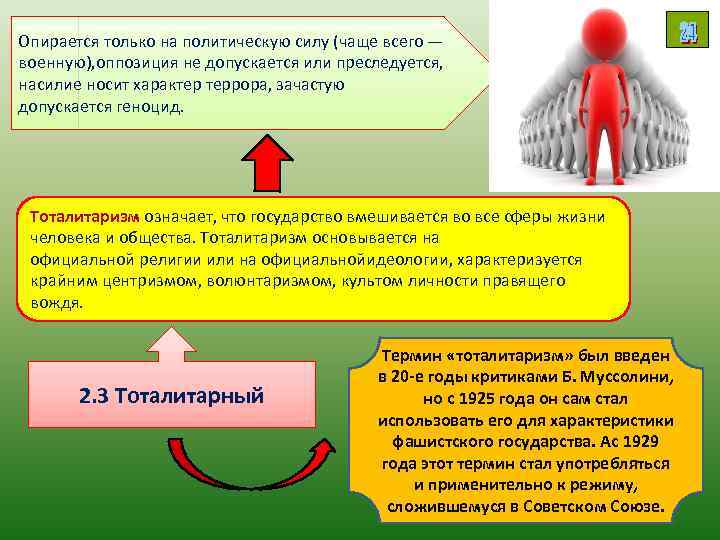 Опирается только на политическую силу (чаще всего — военную), оппозиция не допускается или преследуется,