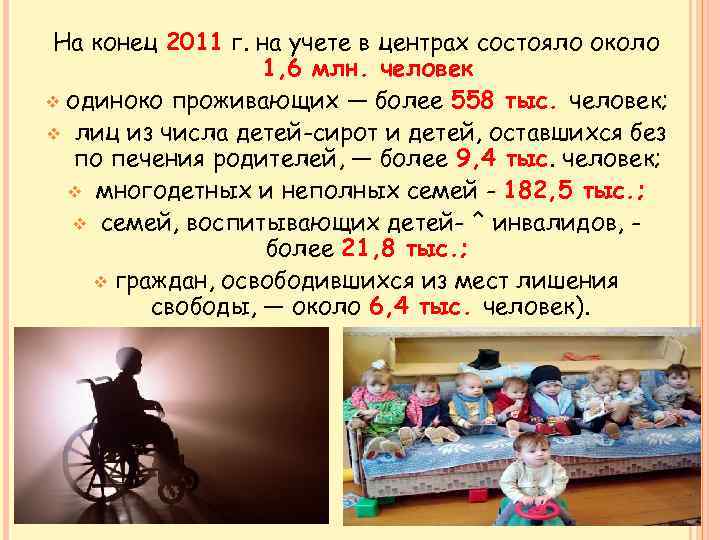 На конец 2011 г. на учете в центрах состояло около 1, 6 млн. человек