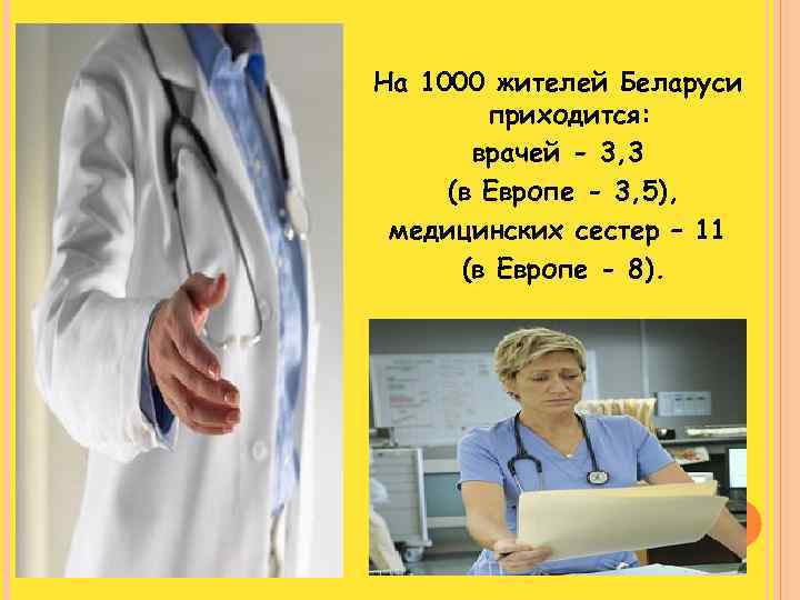 На 1000 жителей Беларуси приходится: врачей - 3, 3 (в Европе - 3, 5),