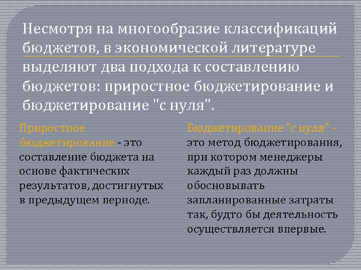 Несмотря на многообразие классификаций бюджетов, в экономической литературе выделяют два подхода к составлению бюджетов: