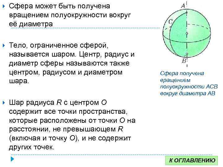  Сфера может быть получена вращением полуокружности вокруг её диаметра Тело, ограниченное сферой, называется