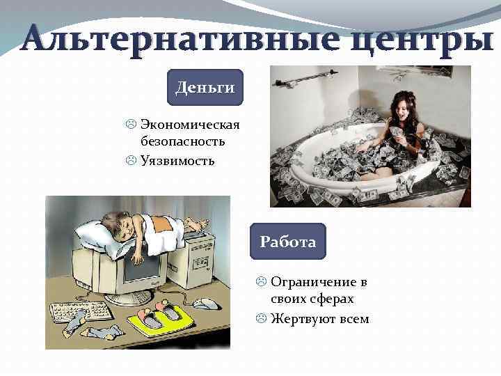 Альтернативные центры Деньги Экономическая безопасность Уязвимость Работа Ограничение в своих сферах Жертвуют всем 