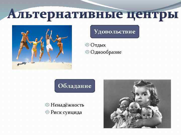 Альтернативные центры Удовольствие Отдых Однообразие Обладание Ненадёжность Риск суицида 