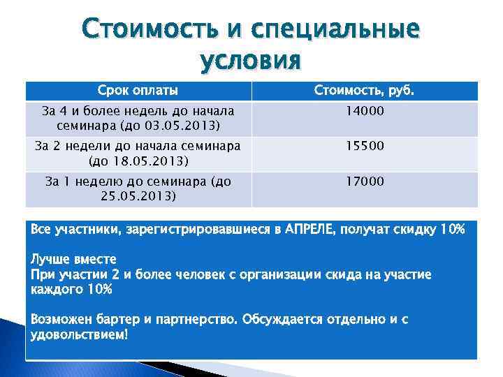 Стоимость и специальные условия Срок оплаты Стоимость, руб. За 4 и более недель до