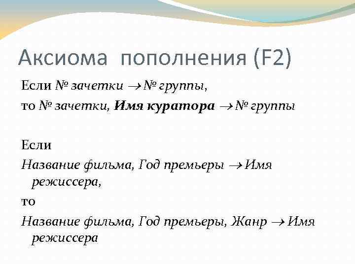 Аксиома пополнения (F 2) Если № зачетки № группы, то № зачетки, Имя куратора