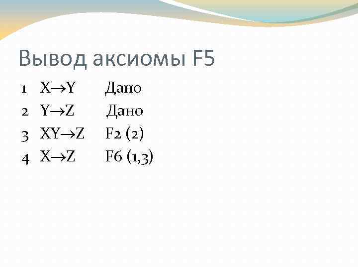Вывод аксиомы F 5 1 2 3 4 X Y Y Z X Z