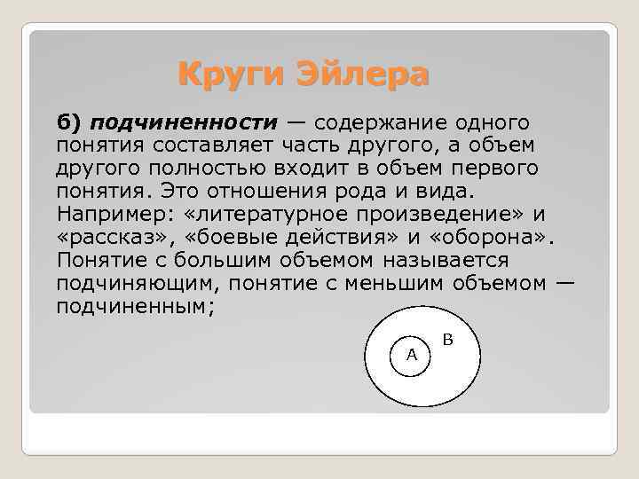 Круги Эйлера б) подчиненности — содержание одного понятия составляет часть другого, а объем другого