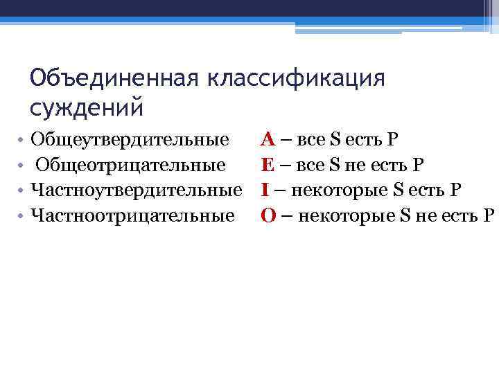 Объединенная классификация суждений • • Общеутвердительные Общеотрицательные Частноутвердительные Частноотрицательные А – все S есть