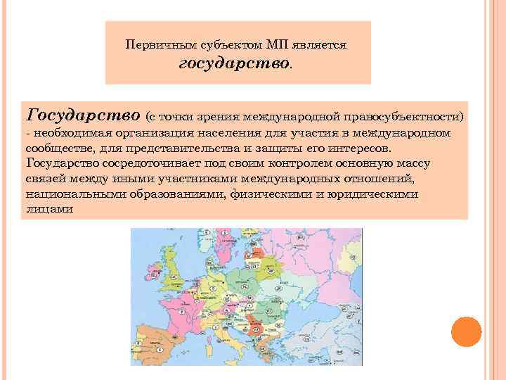 Первичным субъектом МП является государство. Государство (с точки зрения международной правосубъектности) - необходимая организация