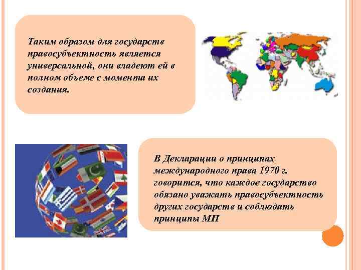 Таким образом для государств правосубъектность является универсальной, они владеют ей в полном объеме с