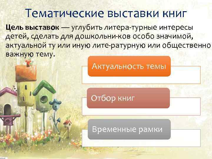 Тематические выставки книг Цель выставок — углубить литера турные интересы детей, сделать для дошкольни