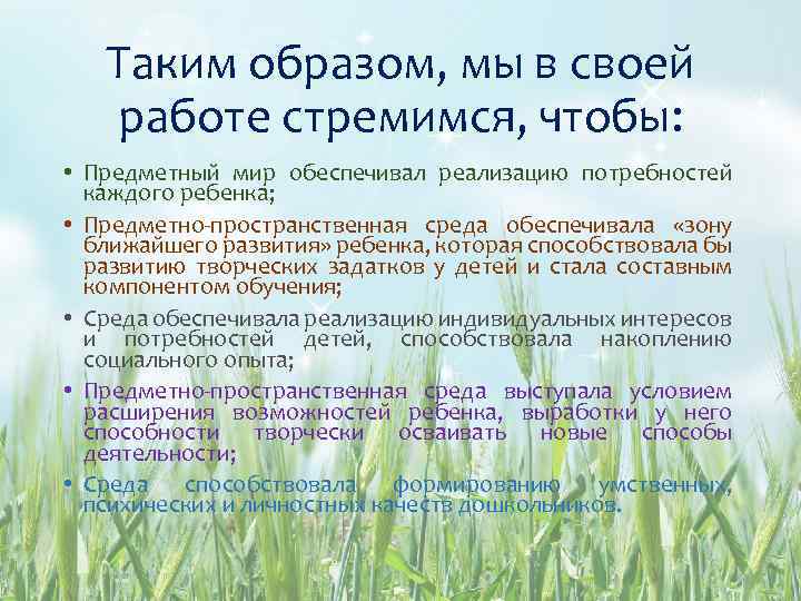 Таким образом, мы в своей работе стремимся, чтобы: • Предметный мир обеспечивал реализацию потребностей