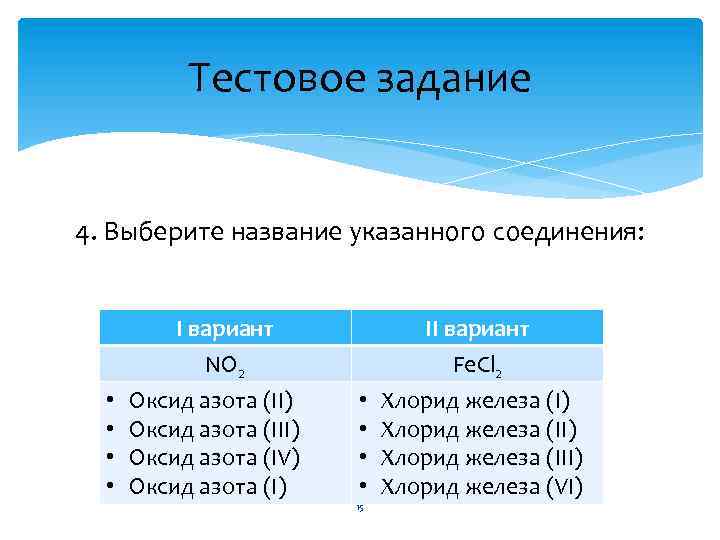 Тестовое задание 4. Выберите название указанного соединения: • • I вариант NO 2 Оксид