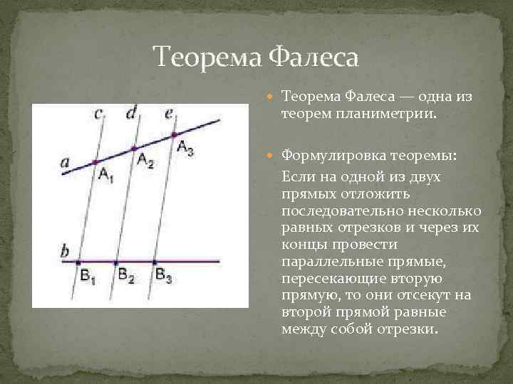Теорема Фалеса — одна из теорем планиметрии. Формулировка теоремы: Если на одной из двух