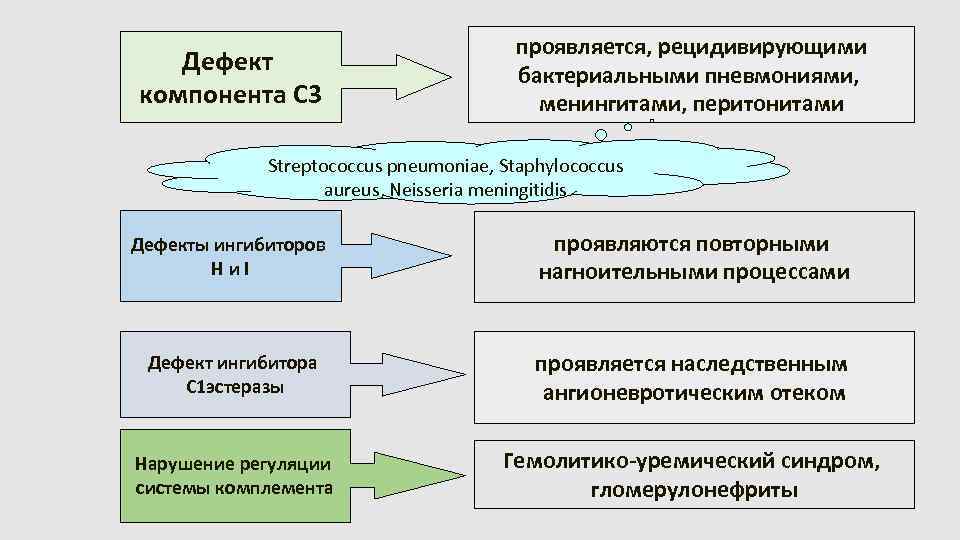 Дефект компонента C 3 проявляется, рецидивирующими бактериальными пневмониями, менингитами, перитонитами Streptococcus pneumoniae, Staphylococcus aureus,