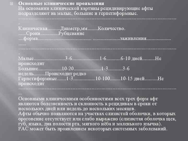  Основные клинические проявления На основании клинической картины рецидивирующие афты подразделяют на малые, большие