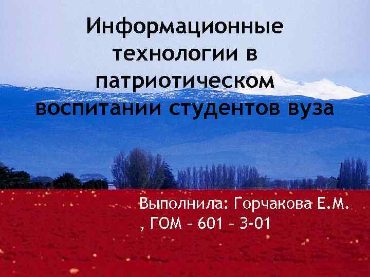 Информационные технологии в патриотическом воспитании студентов вуза Выполнила: Горчакова Е. М. , ГОМ –