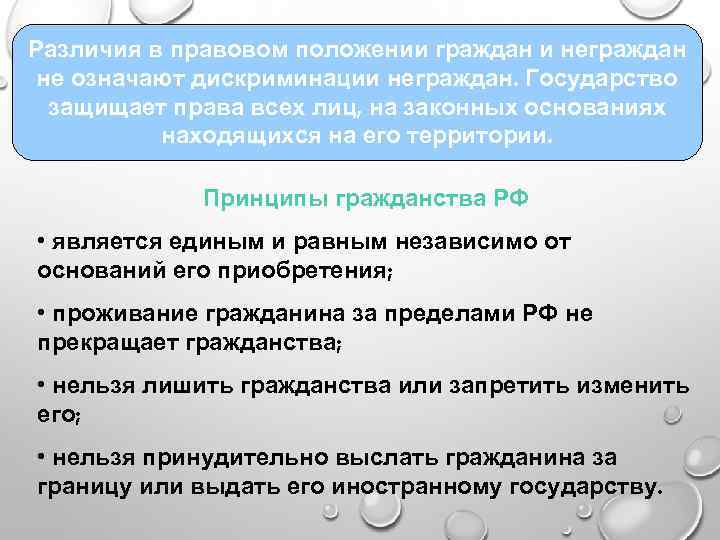 Различия в правовом положении граждан и неграждан не означают дискриминации неграждан. Государство защищает права