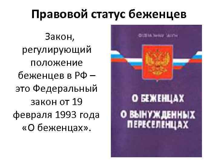 Правовой статус беженцев Закон, регулирующий положение беженцев в РФ – это Федеральный закон от