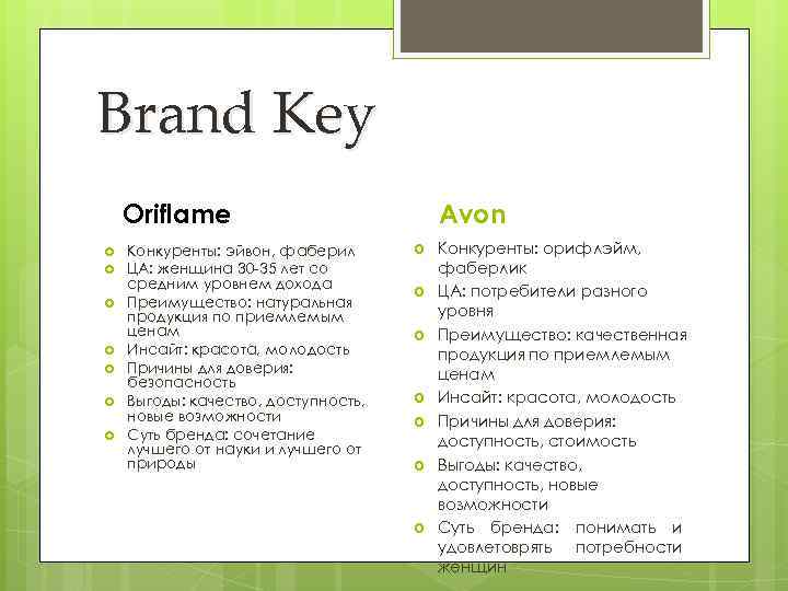 Brand Key Oriflame Конкуренты: эйвон, фаберил ЦА: женщина 30 -35 лет со средним уровнем