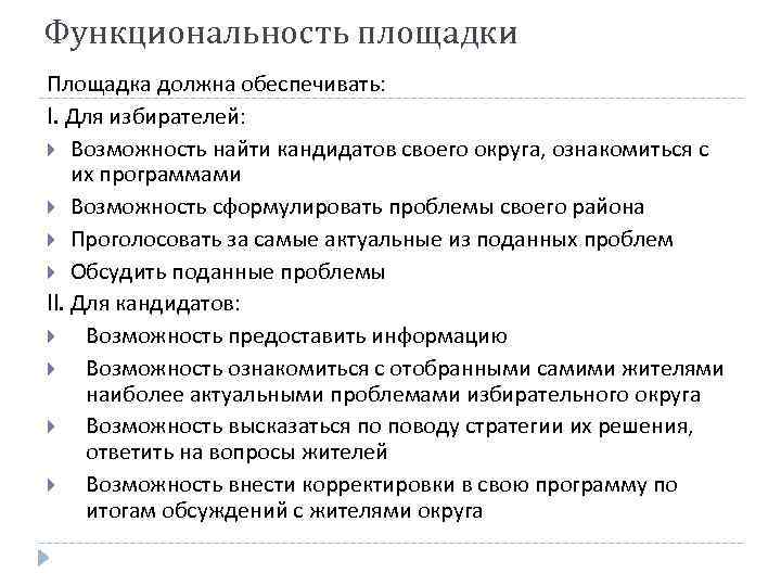 Функциональность площадки Площадка должна обеспечивать: I. Для избирателей: Возможность найти кандидатов своего округа, ознакомиться