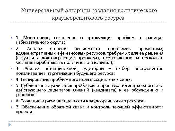 Универсальный алгоритм создания политического краудсорсингового ресурса 1. Мониторинг, выявление и артикуляция проблем в границах