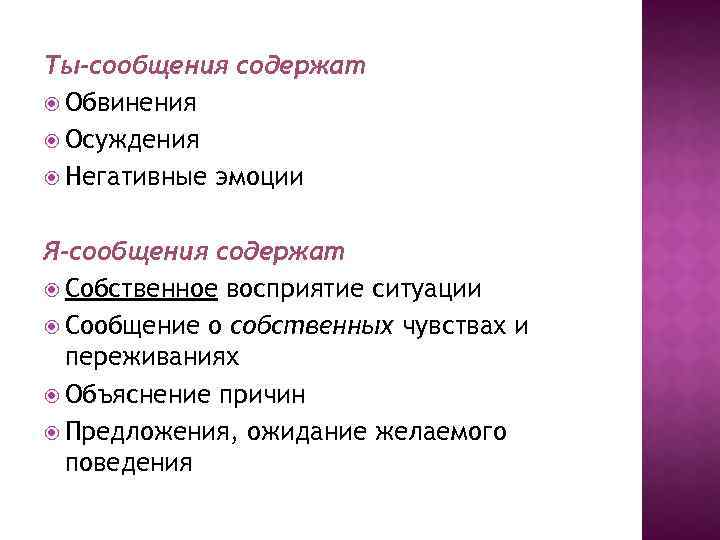 Ты-сообщения содержат Обвинения Осуждения Негативные эмоции Я-сообщения содержат Собственное восприятие ситуации Сообщение о собственных