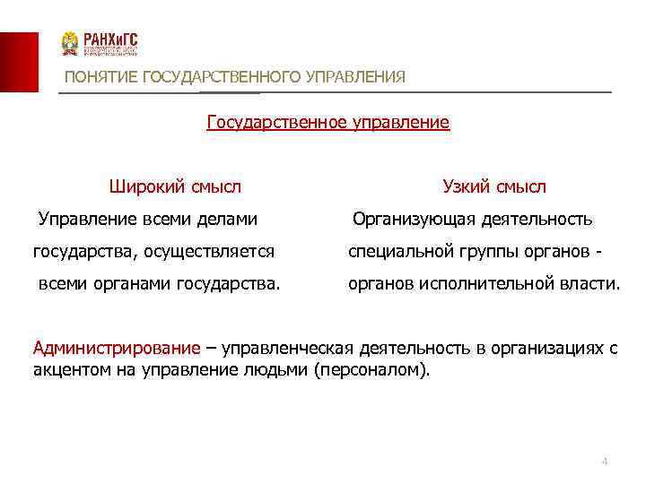 ПОНЯТИЕ ГОСУДАРСТВЕННОГО УПРАВЛЕНИЯ Государственное управление Широкий смысл Узкий смысл Управление всеми делами Организующая деятельность