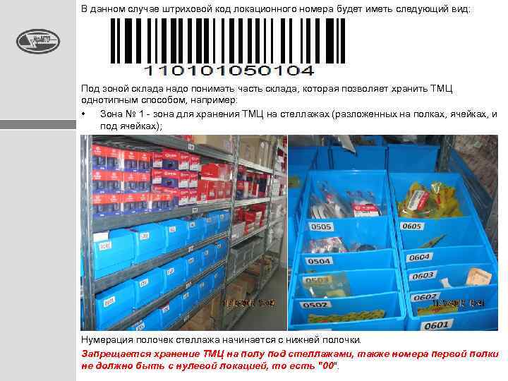 В данном случае штриховой код локационного номера будет иметь следующий вид: Под зоной склада