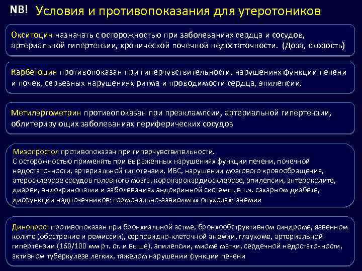 NB! Условия и противопоказания для утеротоников Окситоцин назначать с осторожностью при заболеваниях сердца и