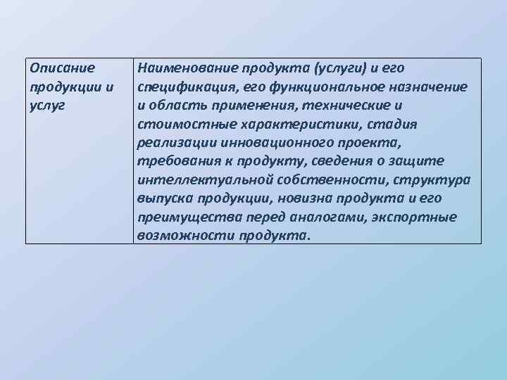 Описание продукции и услуг Наименование продукта (услуги) и его спецификация, его функциональное назначение и