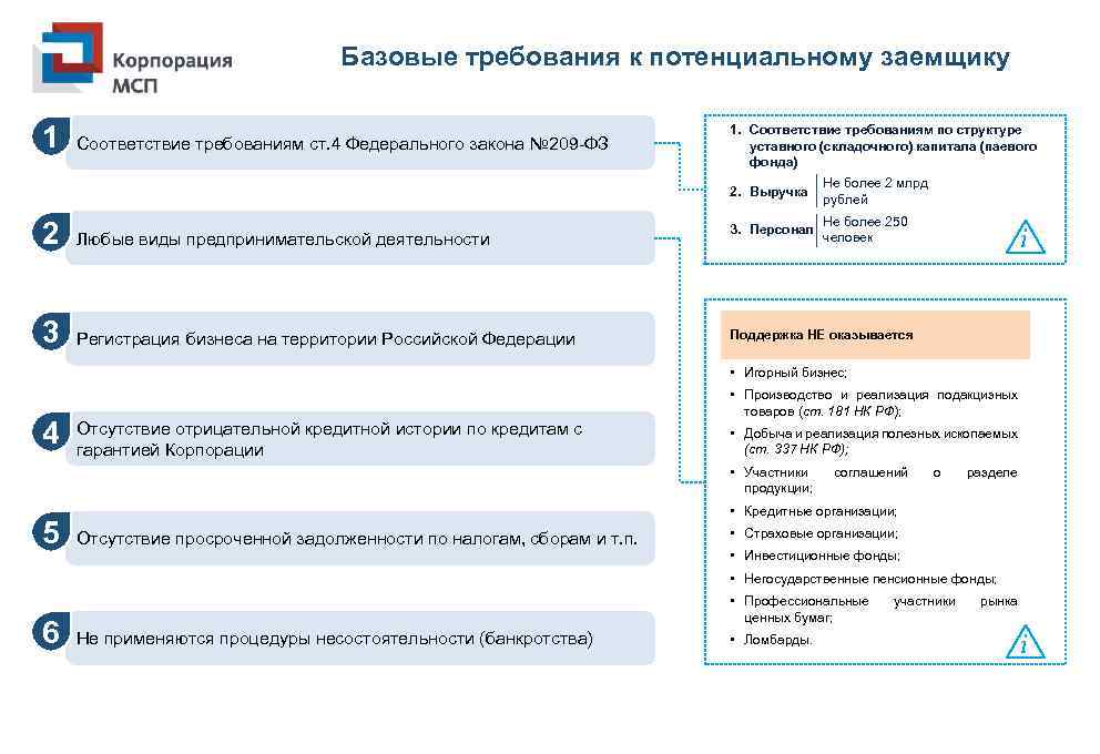 Базовые требования к потенциальному заемщику 1 Соответствие требованиям ст. 4 Федерального закона № 209